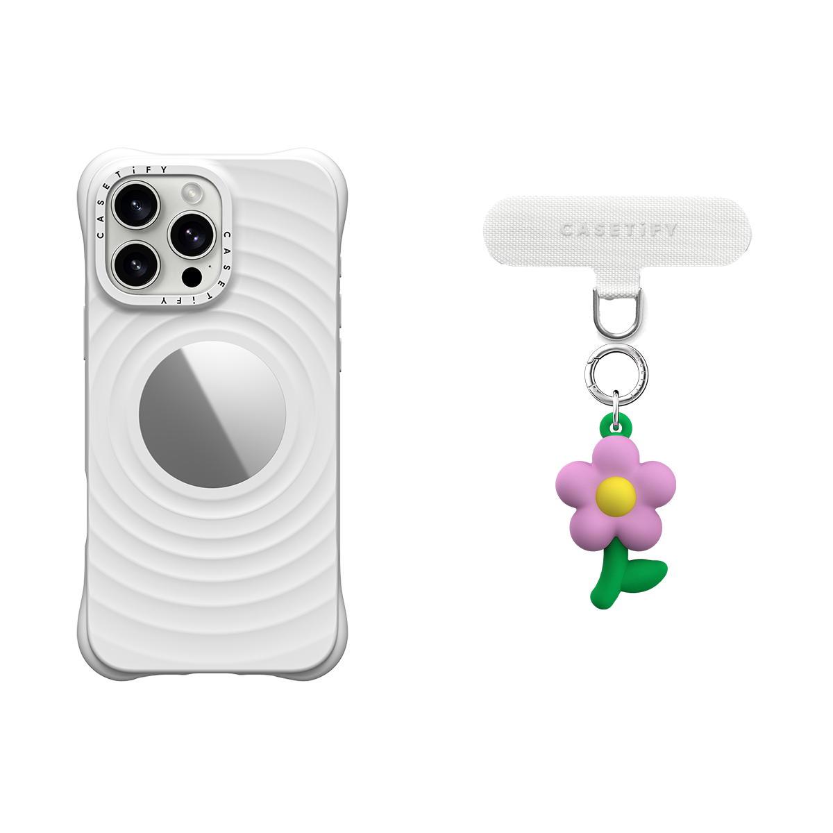 3-in-1 Essentials Garden Set - Ripple Mirror Case - White - iPhone 16 Pro Max& Charm Keychain - Radish & Strap Card | Image 1