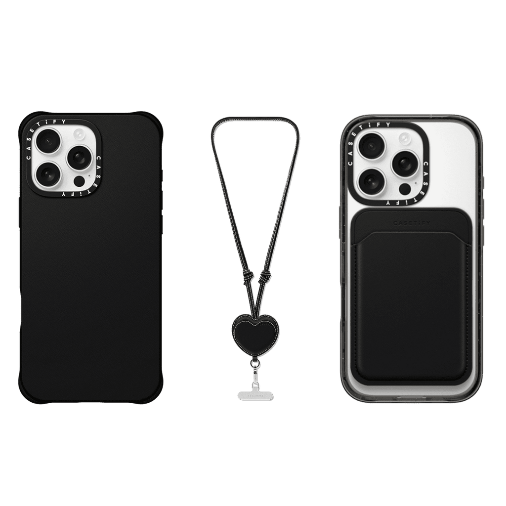 3-in-1 BioVeg Set- iPhone 16 Pro Max (Black) & Snappy Wallet (Black) & Heart Cross-body Strap (Black) | Image 1