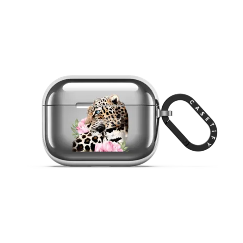 Leopard with peonies | AirPods Pro 3 / Earbuds Mirror Case / Silver | Image 1