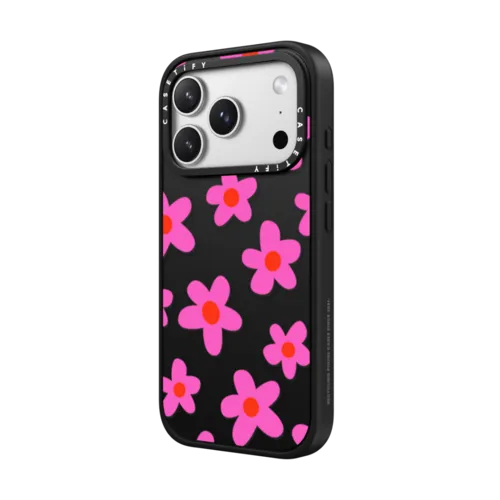 bold retro seventies flowers in pink | iPhone 17 Pro Max / Impact Case MagSafe Compatible / Matte Black | Image 2