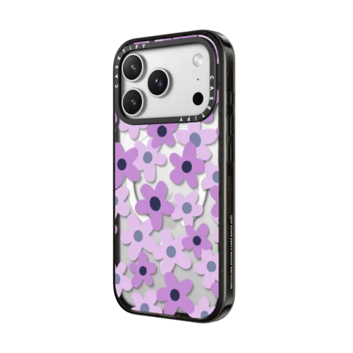 sixties retro violet floral on clear background | iPhone 17 Pro Max / Impact Case MagSafe Compatible / Black | Image 2