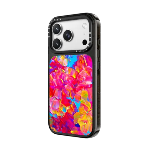FLORAL FANTASY - Bold Abstract Flowers Acrylic Textural Painting Neon Hot Pink Turquoise Garden Bouquet Girlie Sweet Lovely Feminine Art Painting | iPhone 18 Pro Max / Impact Case MagSafe Compatible - Glossy / Glossy Black | Image 2