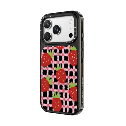 sweet red strawberries with pink check pattern - crayon texture strawberry | iPhone 18 Pro / Impact Case MagSafe Compatible - Glossy / Glossy Black | Image 2