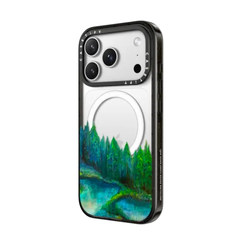 WOODLAND RETREAT 1, FOREST TREES TEAL BLUE GREEN NATURE MOUNTAINS PAINTING | iPhone 17 Pro Max / Impact Case MagSafe Compatible / Black | Image 2