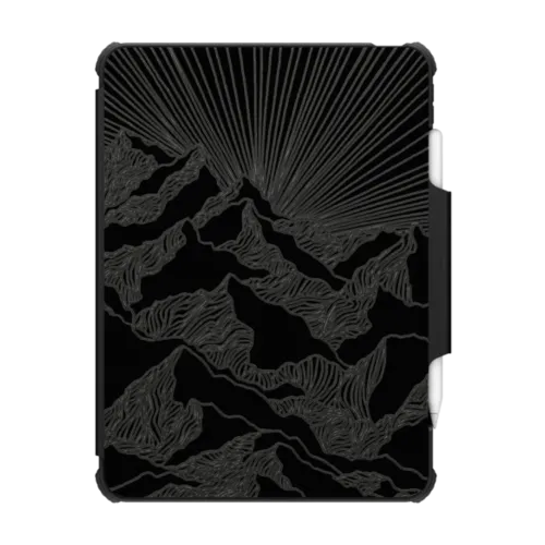 AIM HIGH 2 IPAD, BLACK & WHITE MOUNTAINS MINIMALIST LINES NATURE MOUNTAIN ILLUSTRATION | iPad Pro 11-inch (3rd/4th gen) / iPad Impact Folio Case / Black | Image 1
