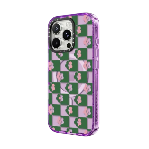Floral Checkerboard By Poppy Almond | iPhone 16 Pro Max / Impact Case MagSafe Compatible / Purple | Image 2