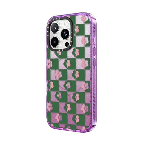 Floral Checkerboard By Poppy Almond | iPhone 16 Pro Max / Impact Case MagSafe Compatible / Glitter Purple | Image 2