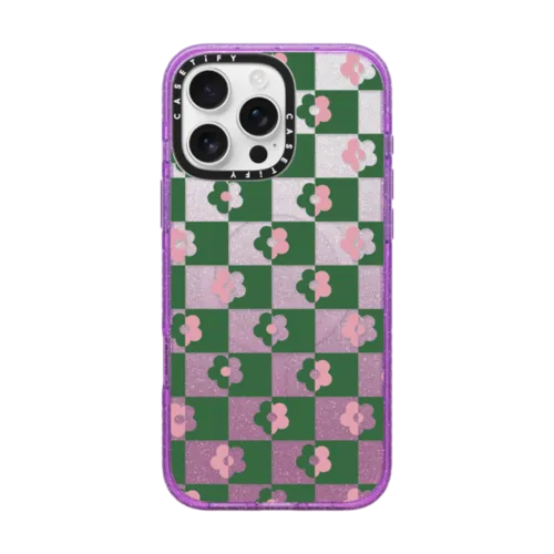 Floral Checkerboard By Poppy Almond | iPhone 16 Pro Max / Impact Case MagSafe Compatible / Glitter Purple | Image 1