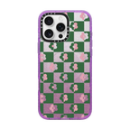 Floral Checkerboard By Poppy Almond | iPhone 16 Pro Max / Impact Case MagSafe Compatible / Glitter Purple | Image 1