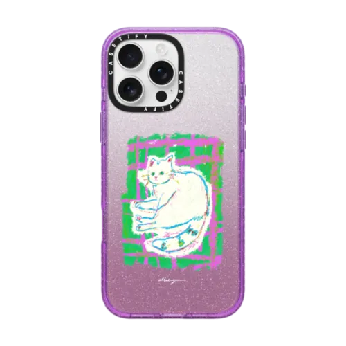 Never leave your cat and the blanket by Albee Yau | iPhone 16 Pro Max / Impact Case MagSafe Compatible / Glitter Purple | Image 1