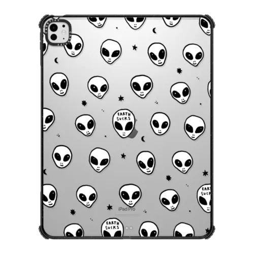 Cute White UFO Space Alien Drawing Pattern | iPad Pro 13-inch (M4/M5) / iPad Impact Case / Black | Image 1