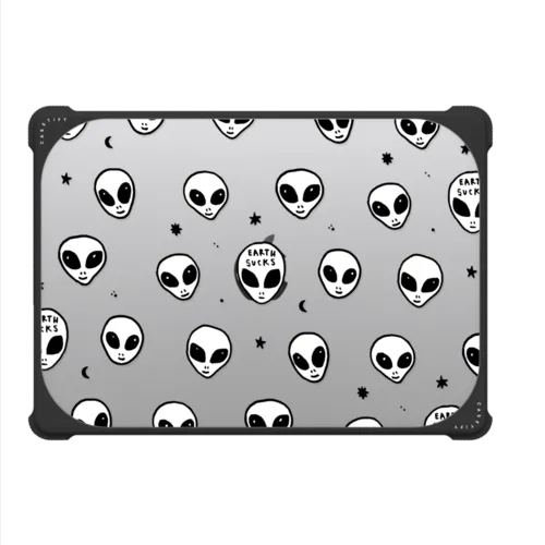 Cute White UFO Space Alien Drawing Pattern | MacBook Pro 14-inch (M1 - M5) / MacBook Bounce Case / Black | Image 2