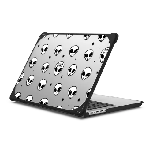 Cute White UFO Space Alien Drawing Pattern | MacBook Pro 14-inch (M1 - M5) / MacBook Bounce Case / Black | Image 1