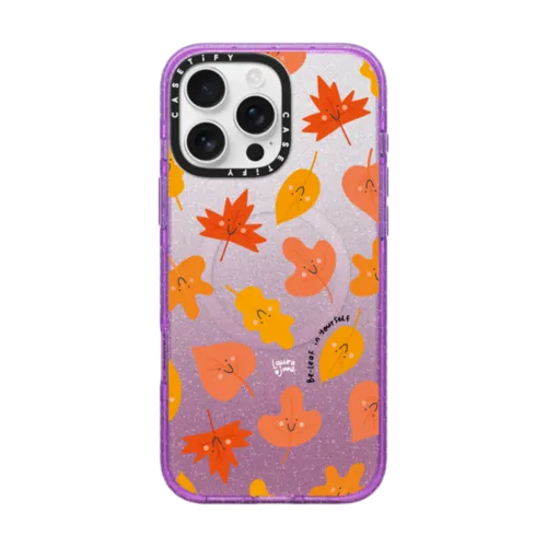 Leaves by Laura Jane Illustrations | iPhone 16 Pro Max / Impact Case MagSafe Compatible / Glitter Purple | Image 1