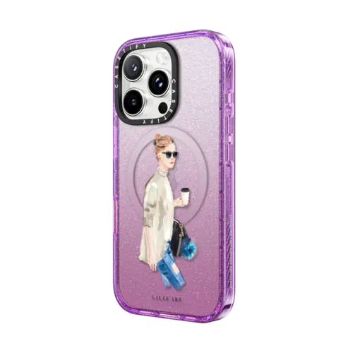Lady Drinking Coffee | iPhone 16 Pro Max / Impact Case MagSafe Compatible / Glitter Purple | Image 2