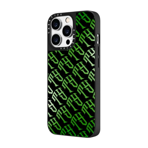 Tyson Yoshi - TY logo in Neon Green | iPhone 14 Pro / Mirror Case MagSafe Compatible / Silver on Black | Image 2