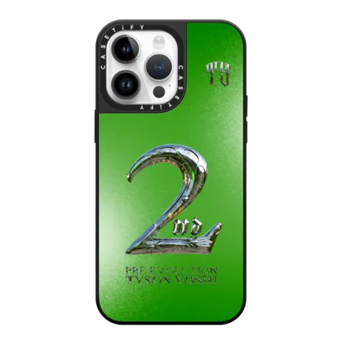 Pre Evolution logo  - 2nd in Neon Green | iPhone 14 Pro Max / Mirror Case MagSafe Compatible / Silver on Black | Image 1