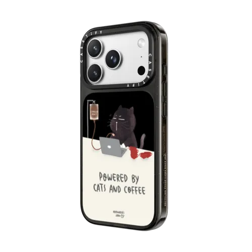 Powered by cats and coffee by Moonaries illo | iPhone 18 Pro Max / Impact Case MagSafe Compatible - Glossy / Glossy Black | Image 2