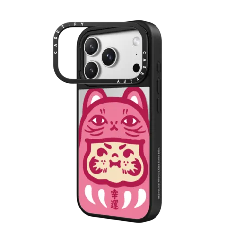 PP Baby Lucky Cat Daruma Pink Case | iPhone 17 Pro Max / Mirror Ring Stand Case MagSafe Compatible / Silver on Black | Image 2