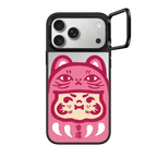 PP Baby Lucky Cat Daruma Pink Case | iPhone 17 Pro Max / Mirror Ring Stand Case MagSafe Compatible / Silver on Black | Image 1