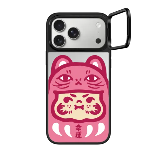PP Baby Lucky Cat Daruma Pink Case | iPhone 17 Pro Max / Mirror Ring Stand Case MagSafe Compatible / Silver on Black | Image 1