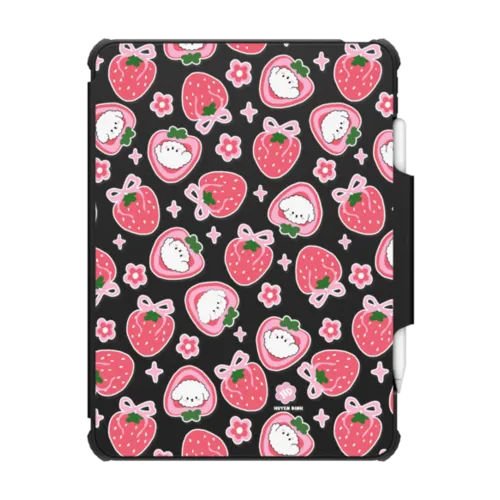 Bichon Bibo Dog and Strawberry Bow Pattern | iPad Air (4th/5th gen) / iPad Impact Folio Case / Black | Image 1