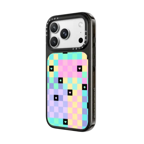 Transparent Pastel Checkered Hearts Stars Pattern | iPhone 18 Pro Max / Impact Case MagSafe Compatible - Glossy / Glossy Black | Image 2
