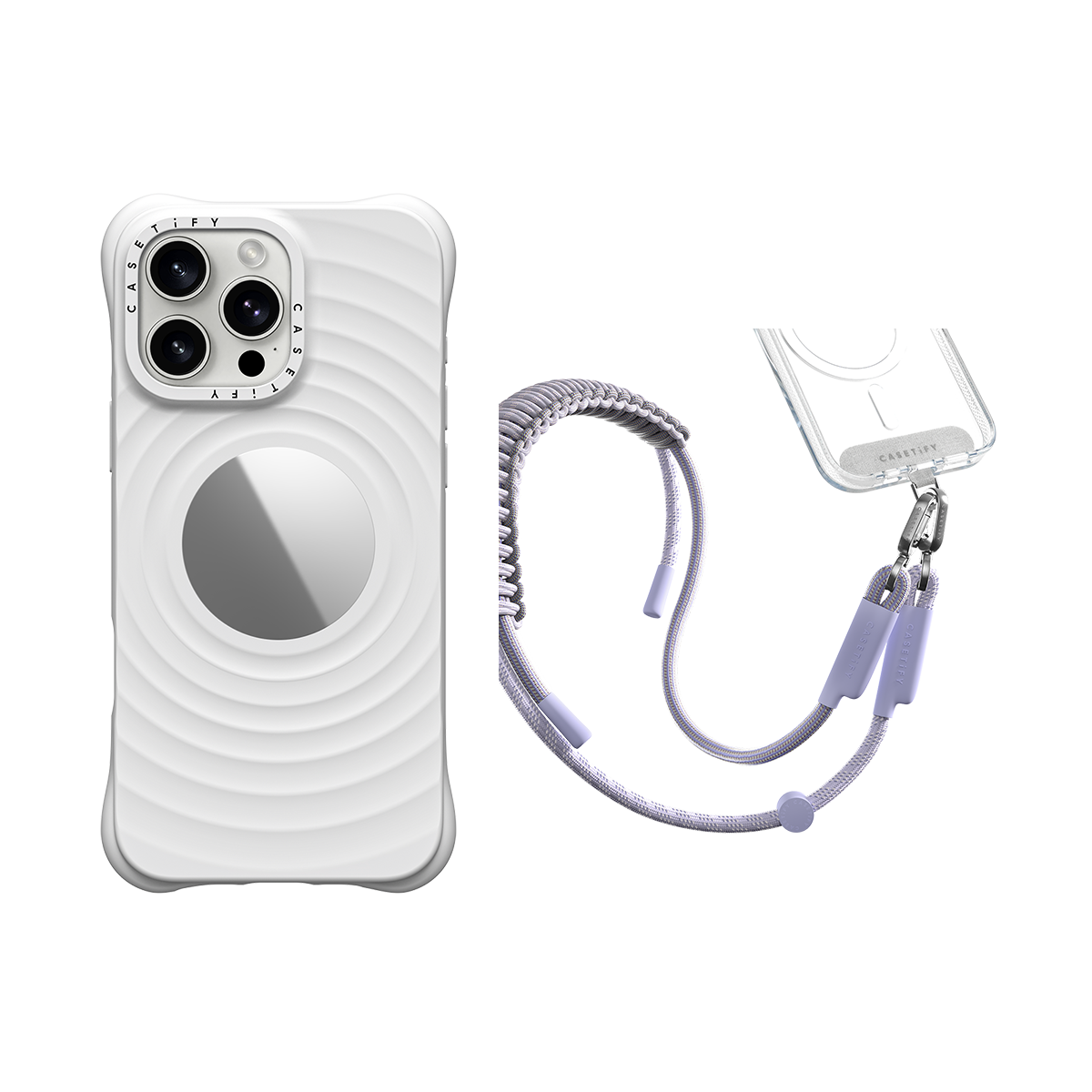 2-in-1 Essentials Garden Set 5 - Ripple Mirror Case - White - iPhone 16 Pro Max& Rope Cross-body Strap - Periwinkle (Braided) | Image 1