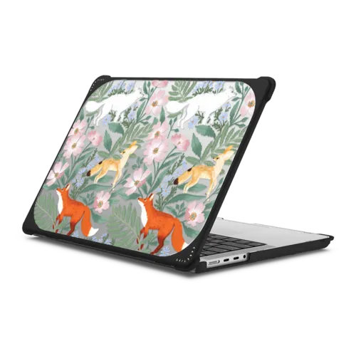 Fox Amongst the Flowers | MacBook Pro 14-inch (M1 - M5) / MacBook Bounce Case / Black | Image 1