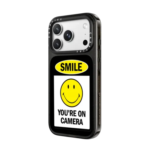 SMILE! Caution You're On Camera Phone Case - White Print Edition | iPhone 18 Pro Max / Impact Case MagSafe Compatible - Glossy / Glossy Black | Image 2