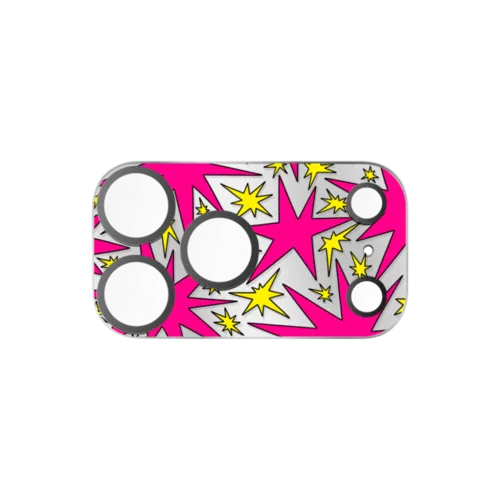 Solar Flair - Pink and Yellow Wonky Stars | iPhone 17 Pro Max (Lens Protector) / Mirror Camera Lens Protector / Silver | Image 1