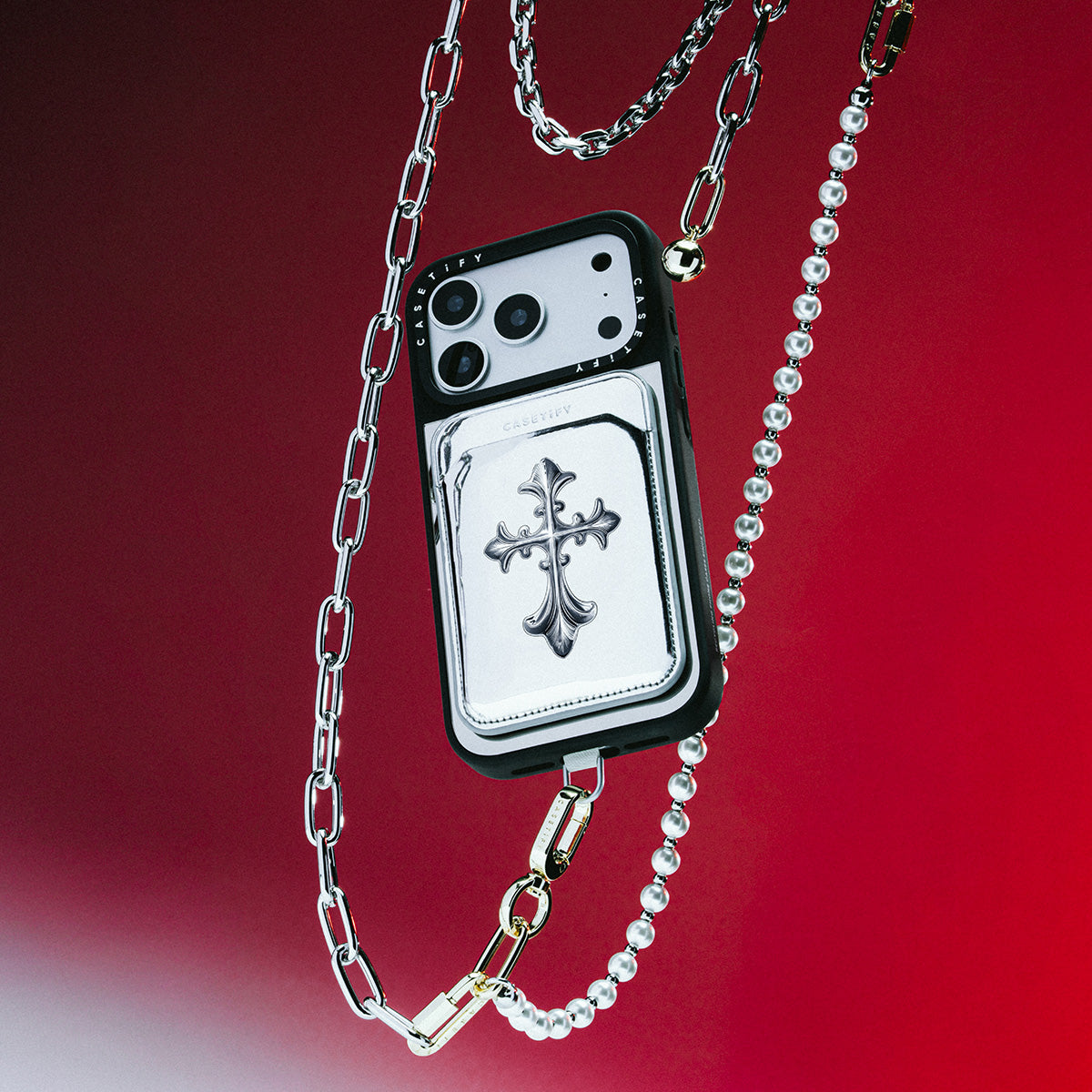 2-in-1 Metal Cross-body Chain - Silver / Pearl