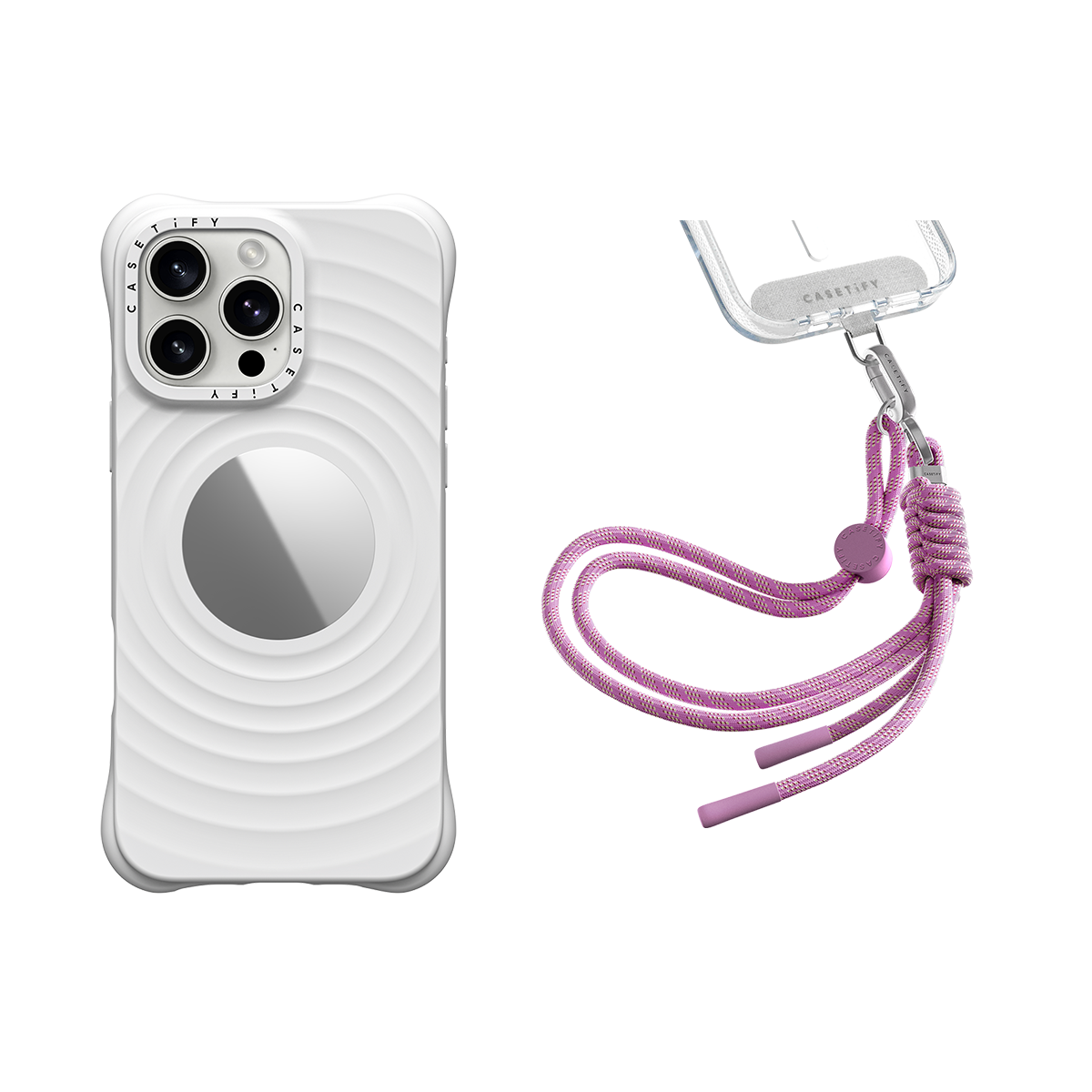 2-in-1 Essentials Garden Set 3 - Ripple Mirror Case - White - iPhone 16 Pro Max& Rope Wrist Strap - Radish | Image 1