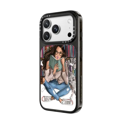 Library Book Medium Skin Tone Brunette Girl with Cat (Fashion Illustration Holly Nichols) | iPhone 18 Pro Max / Impact Case MagSafe Compatible - Glossy / Glossy Black | Image 2