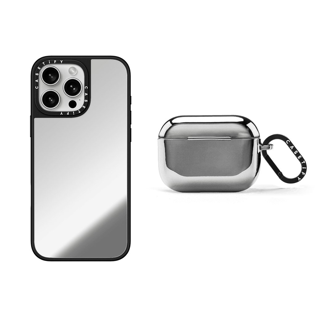 Mirror Duo Set - iPhone 16 Pro Max Mirror Case MagSafe Compatible (Silver on Black) & AirPods Pro 2 Mirror Case | Image 1